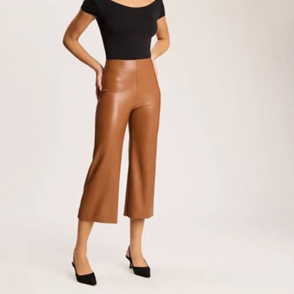 Commando Women Faux Leather Cropped Wide Leg Pant Cognac Size M Preppy Edgy Chic